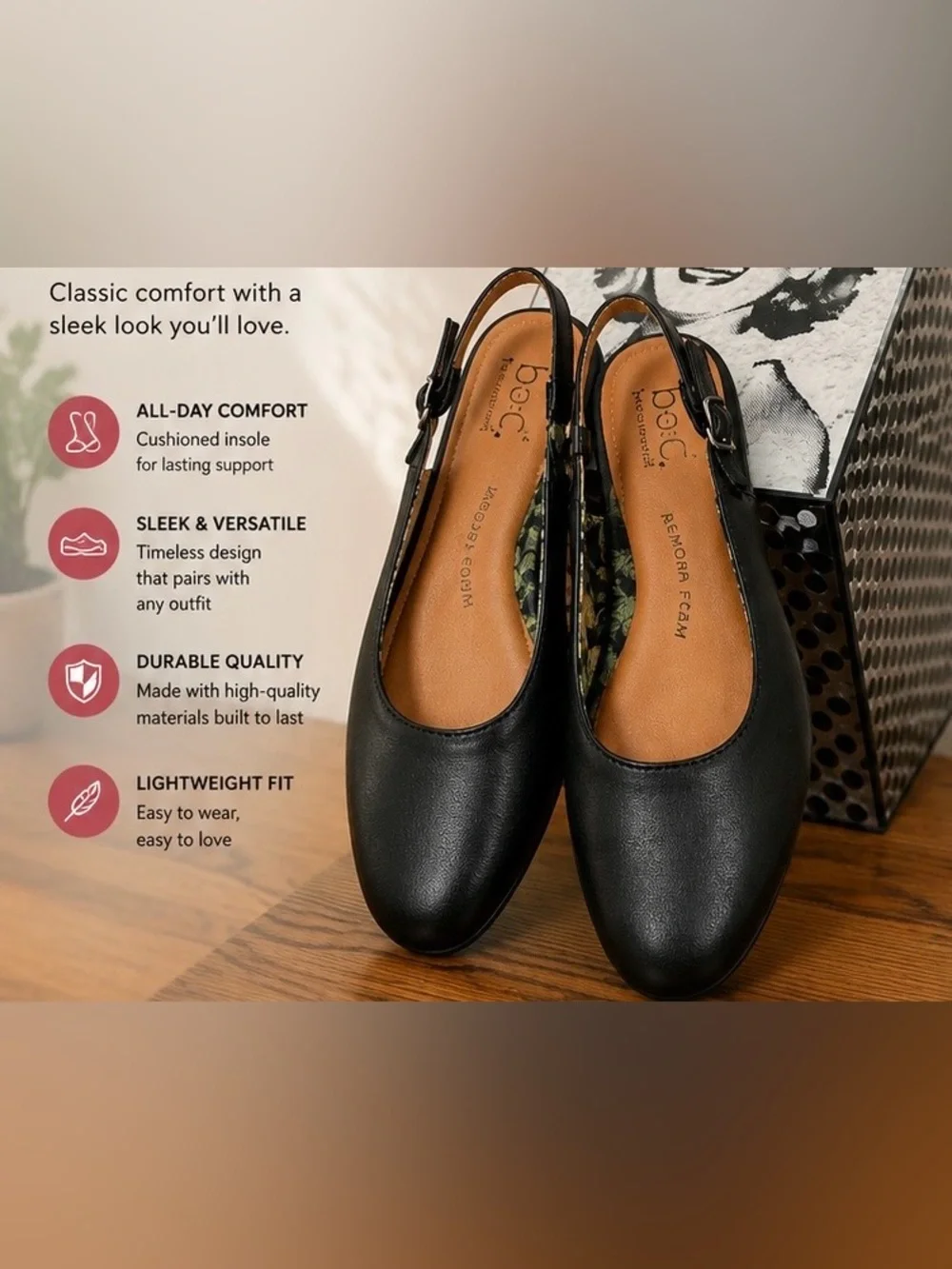b.o.c. Born Concept Black Slingback Flats Women’s 9 Memory Foam Comfort Shoes